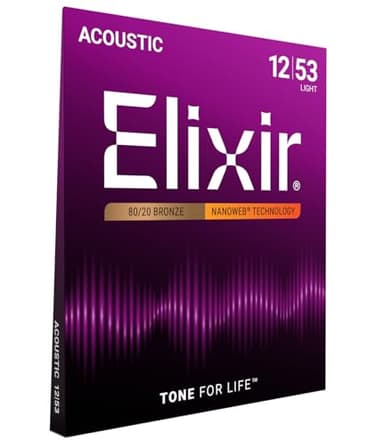 Elixir Strings, Acoustic Guitar Strings, 80/20 Bronze with NANOWEB Technology, Longest-Lasting Bright and Focused Tone For Life with Comfortable Feel, 6 String Set, Light 12-53