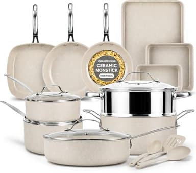 Granitestone Ceraluxe 20 Pc Ceramic Cookware Set Nonstick, Complete Pots and Pans Set Non Stick for Kitchen with Bakeware, Utensils & Steamer, Non Toxic Made Without PFOA PFOS, Oven & Dishwasher Safe