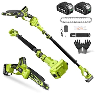 Electric Pole Saws for Tree Trimming, 8 Inch & 6 Inch Mini Chainsaw Cordless with Extension Pole, 16Ft Reach, 2x4.0Ah Battery, Auto Oiling, Tool-Free Chain Tensioning, Tree Trimmer for Branch Limb Cut