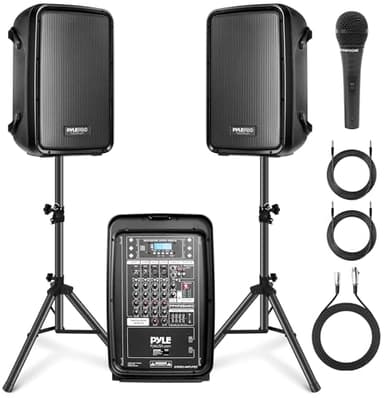 Pyle PA Speaker DJ Mixer Bundle - 300 W Portable Wireless Bluetooth Sound System w/ USB SD XLR 1/4" RCA Inputs - Dual Speaker, Mixer, Microphone, Stand, Cable - Home/Outdoor Party - PPHP28AMX,Black