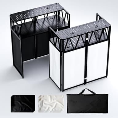 RDCMKL Two-Tier DJ Table Stand Portable Booth - 40" Dual-Layer Heavy Duty Metal DJ Stand with Laptop Shelf & 8 Scrims, Foldable DJ Event Facade with Adjustable Feet for Mobile DJ, Club, Weddings (Double Layer)