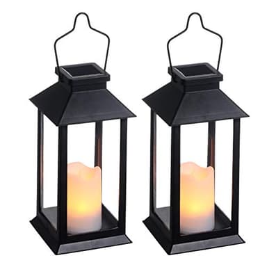 Tomshine 2 Pack Solar Lanterns, Outdoor Garden Hanging Lanterns, 11.8 Inch LED Flickering Flameless Candle Mission Lights for Yard, Table, Patio (Black)