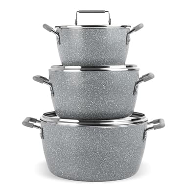 Granitestone Gray Pots and Pans Set Nonstick, 6 Stackable Piece Cooking Pots Set, Kitchen Pots, Non Stick Coating, 5qt 3qt & 1.5qt Pots with Lids, Stay Cool Handles Dishwasher Safe 100% Toxin Free