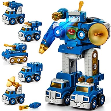 hahaland Toys for 5 Year Old Boy Birthday Gift, Stem Boys Toys 6 Year Old Boy Gifts, 5 in 1 Building Take Apart Trucks Transform to Robot Kids Ages 5-8, Montessori Creative Educational Drill Screw Set