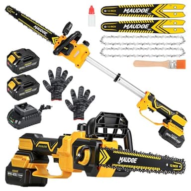 MAUDOE 12" Telescoping Codless Chainsaw, 2-in-1 Cordles Pole Saw with 2 x 4.0Ah Batteries, 21V Brushless ChainSaw with 2 Chains & 2 Guide Plates, Tool-Free Tension, for Tree Trimming & Branch Cutting