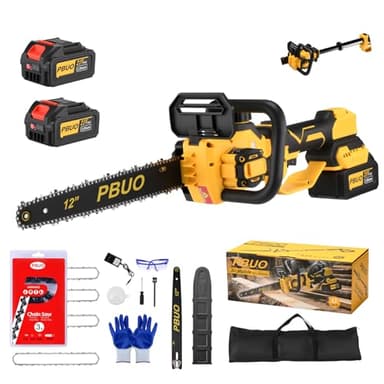 PBUO Electric Chainsaw 12" Cordless, Brushless Telescopic Pole Saw with 2x4.0Ah Batteries, 4 Chains & Charger for Wood Cutting, Tree Saw Trimming & Branch Pruning(Yellow) W12-Y-2