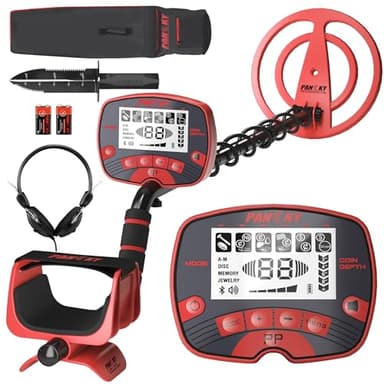 PANCKY Metal Detector for Adults – IP68-Waterproof 10" Coil Gold Detector, 5-Mode DSP Chip, Backlit LCD, Lightweight 2.4 lbs, Treasure Hunting Kit, PK0075, Crimson