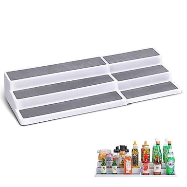 CiWiVOKi 3 Tier Expandable Spice Rack Organizer, Plastic Spice Rack, Adjustable Length 14.6In-25.8In, Non-Skid Tiered Spice Shelf Organizer for Kitchen Cabinet, Cupboard, Pantry, White/Grey