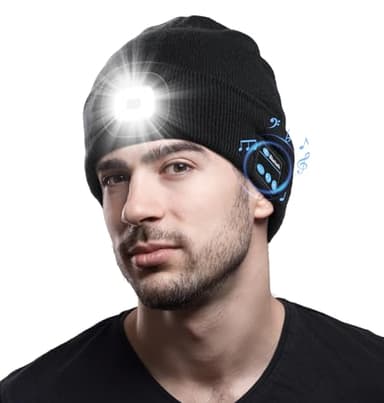CENSGO Bluetooth Beanie with The Light, Unique Tech Gifts for Men Husband Him Teen, Wireless Headphones for Fishing Jogging Working, Christmas Stocking Black