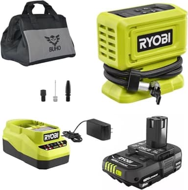 Ryobi Cordless Inflator Accessory Bundle - Ryobi 18 Volt High Pressure Inflator 2.0 Ah Battery 18V Charger Tool Bag for Tires and Inflatables