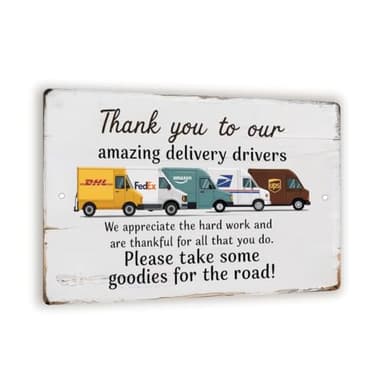 Thank You Delivery Driver Sign – 8x12 Vintage Metal Porch Decor With Cartoon Trucks, Treat Station Appreciation Gift For FedEx UPS Amazon