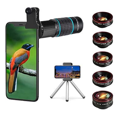 Phone Camera Lens Kit 10 in 1 for iPhone Samsung Pixel Android, 22X Telephoto Lens, 0.62X Super Wide Angle Lens&25X Macro Lens, 235° Fisheye,Kaleidoscopes, Starlight,Tripod,for Most Smartphone Black