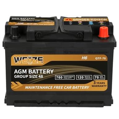 Weize Platinum AGM Battery BCI Group 48-12v 70ah H6 Size 48 Automotive Battery, 120RC, 760CCA, 36 Months Warranty, Dimensions 10.94" L x 6.89" W x 7.48" H